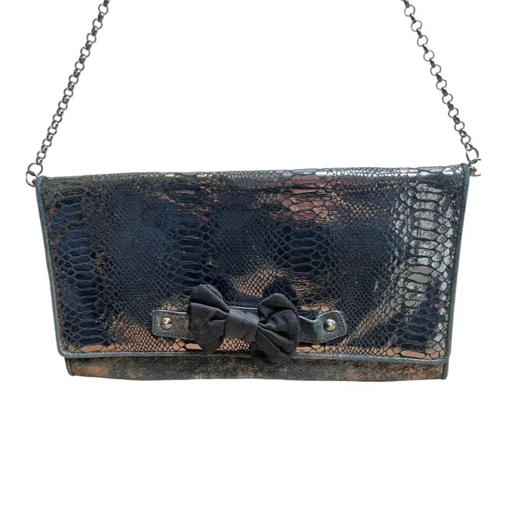 Betsey Johnson Faux Snake Skin Black Matallic Box Animal Print Clutch
